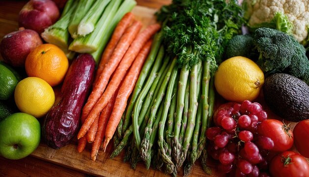 Colorful array of fresh fruits and vegetables on a wooden board