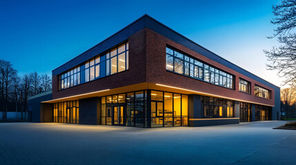 A commercial building (Gewerbegeb�ude) illuminated in the evening.