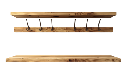 Wooden shelves and a hook rail display against a stark black backdrop, showcasing natural wood grain texture and the rustic metal hooks.