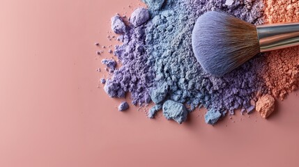 Cosmetic brush with colorful makeup powder on pink surface