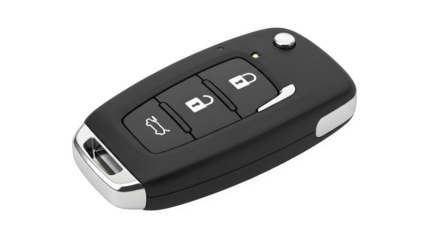 Modern car key with remote control isolated on transparent background black car key with three buttons for opening and closing doors and trunk