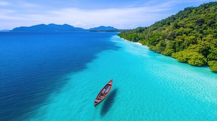 Luxurious Boat Cruise Through Crystal Clear Turquoise Waters Surrounded by Lush Tropical Foliage and Majestic Mountains in a Remote Serene Paradise