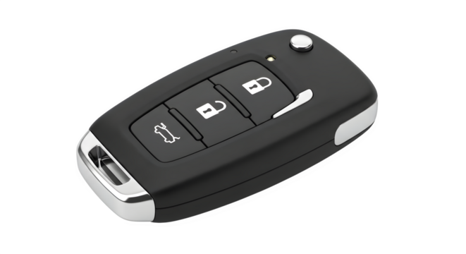 Modern car key with remote control isolated on transparent background black car key with three buttons for opening and closing doors and trunk