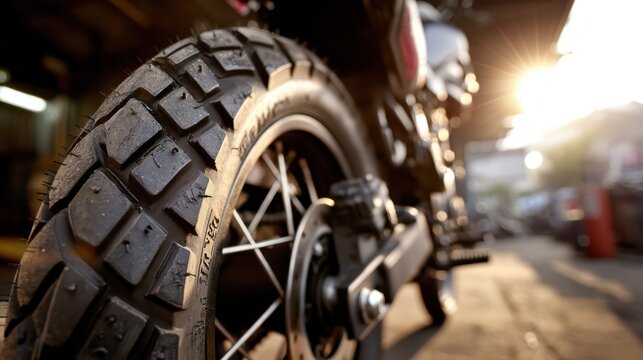 Close-up of a rugged motorcycle tire with detailed tread, reflecting sunlight in a workshop or garage setting.