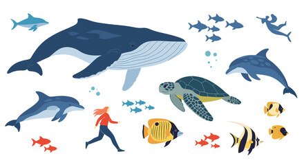 A diverse collection of marine animals swimming in a vibrant ocean.