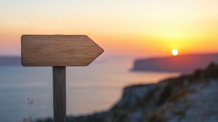 Breathtaking sunset view overlooking the ocean from atop coastal cliffs with a wooden directional sign pointing the way  A serene and picturesque landscape inviting and relaxation