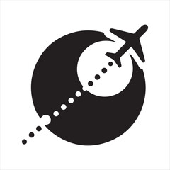 Plane flying with dotted travel path vector silhouette line art logo design concept illustration