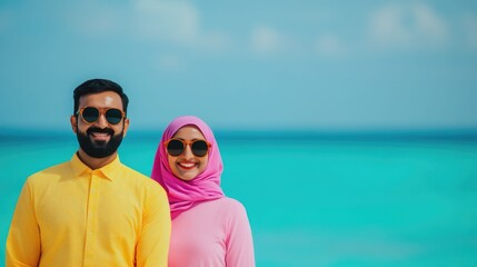 Blissful Beachfront Couple Sipping Tropical Smoothies in Vibrant Sunny Getaway   A cheerful and fashionable Muslim couple enjoying a relaxing moment together while savoring refreshing drinks at a