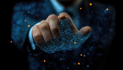 Hand interacts with digital network with blue lights on black background. Perfect for illustrating topics like technology, big data, and connectivity.