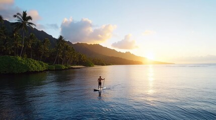Serene paddleboarding scene at sunrise with a person silhouetted against the calm reflective ocean waters and a breathtaking sky backdrop of warm hues and clouds