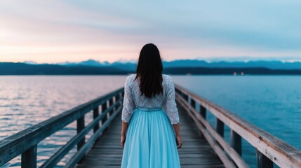 A graceful and elegant woman in a flowing dress walks along a tranquil wooden pier at dusk surrounded by a breathtaking ocean landscape with a beautiful sunset sky in the background