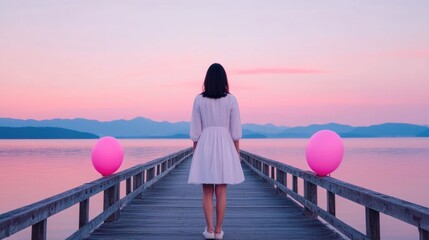 A tranquil ethereal scene of an Asian woman in a flowing elegant dress walking along a wooden pier at dusk