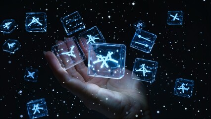 A hand cradles glowing cubes adorned with futuristic symbols, floating in a starry, dark expanse.