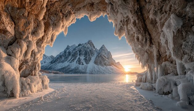 Frozen cave opening to snowy mountains and lake at sunrise