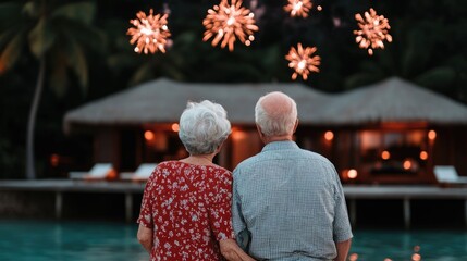 Elderly Caucasian couple sitting together and watching a dazzling fireworks display from the balcony of their luxury beach villa  The couple are relaxed and content