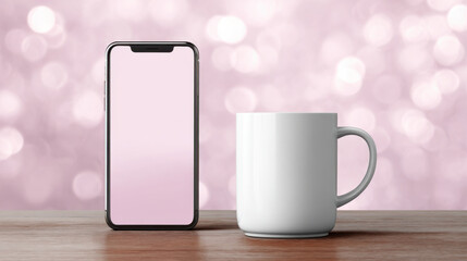 Smartphone and coffee mug with soft pink bokeh background