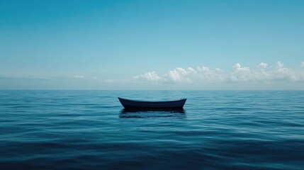 A lone fishing boat gently floating on the calm expansive ocean under a serene cloudless sky offering a peaceful moment of solitude and contemplation