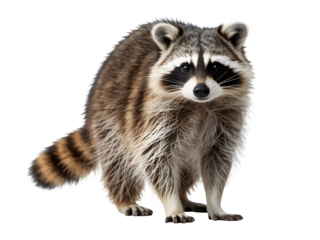 Cute raccoon standing isolated on transparent background looking at the camera