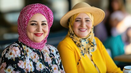 Stylish Muslim women wearing colorful hijabs and sun hats enjoying an afternoon tea gathering at a seaside cafe  The women are smiling and conversing presenting a scene of leisure friendship