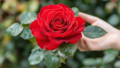 Close-up photo of a velvety red rose with green leaves held by a hand. Use it for valentines day, love, romance, or floral themes and backgrounds.