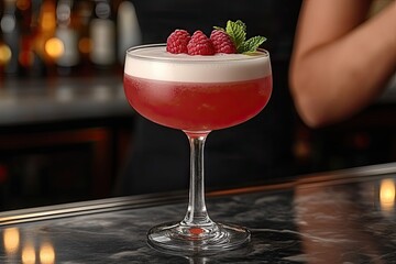 Elegant coupe glass with raspberry cocktail on a dark marble bar. Good for restaurant menus, bar promotions, or a drink recipe blog.