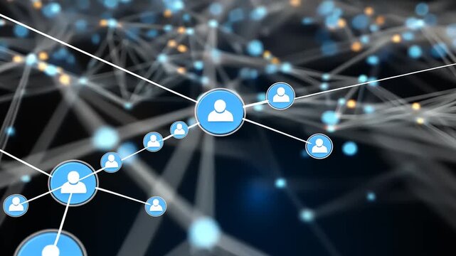 Abstract digital network visualization with interconnected nodes representing social connections and data flow