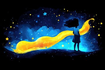 Young girl looks at the bright, golden celestial sky. Perfect for dreams, imagination, and bright future concepts.