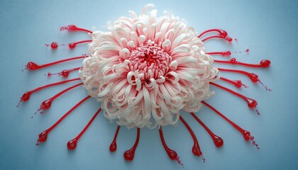 Delicate, pink chrysanthemum encircled by vibrant red drips