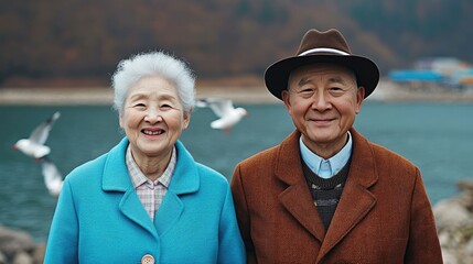 Affectionate Asian Elderly Couple Smiling and Feeding Seagulls on the Peaceful Tranquil Shore of a Lake River or Ocean  The Senior Pair Appears Happy and Relaxed in Nature