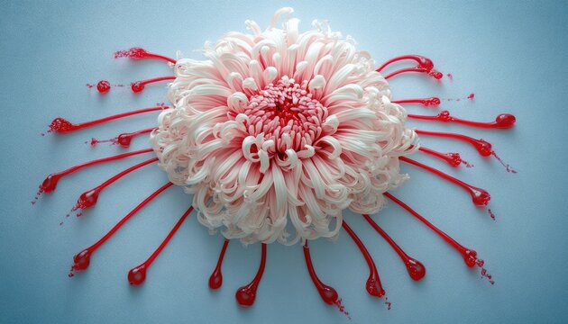 Delicate, pink chrysanthemum encircled by vibrant red drips - Powered by Adobe