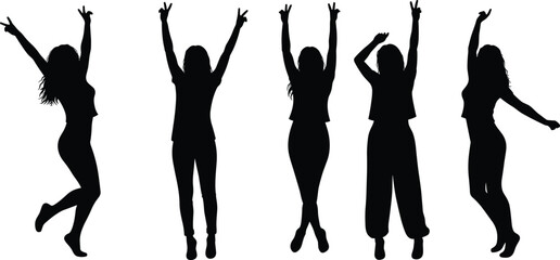 Silhouette of happy women dancing, jumping, celebrating with arms raised, party energy, freedom movement, cheerful lifestyle, friendship together, black outline art
