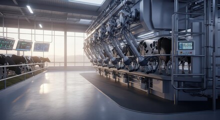 Modern automated dairy farm interior with robotic milking system and holstein cows at dawn