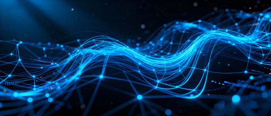 Glowing blue digital network in dark space, symbolizing AI, data flow, internet, and futuristic tech.Generated by AI