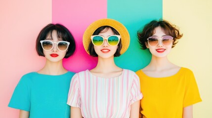 Carefree and fashionable Asian women friends capturing tropical summer memories and good times together with a joy friendship and vibrant lifestyle
