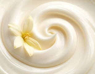 Creamy Swirl Texture Background with a Delicate Yellow Flower Creamy Smooth Surface for Food Beauty and Cosmetic Products with Soft Lighting