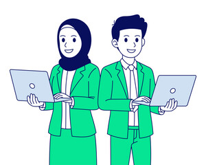 Fototapeta premium Cartoon illustration of businessman and businesswoman standing holding a laptop