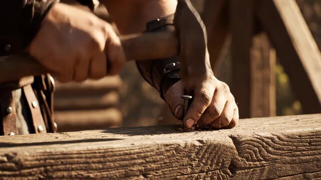 Powerful Cinematic Close-Up of Ancient Hands Hammering a Large Nail into a Wooden Beam