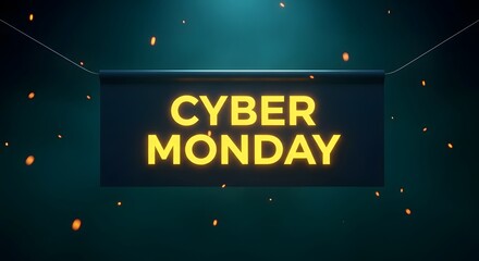 A dark background with glowing yellow text reading 'CYBER MONDAY' surrounded by small orange lights and wires, conveying a promotional and festive mood with a focus on online shopping.