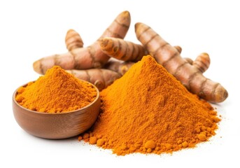 Turmeric roots and powder isolated on white background