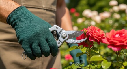 Gardener hand in green glove pruning vibrant red rose bush with sharp shears in a sunny garden