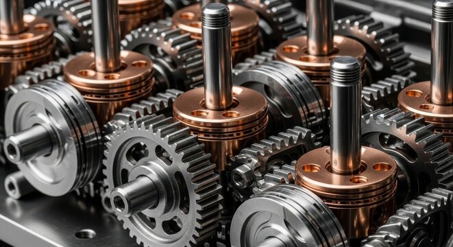 Close up of intricate interlocking polished titanium gears and shiny rose gold pistons