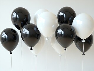 Elegant black and white balloons float against a neutral, light gray background. Use this for birthday invites, party decor, or classic event graphics.