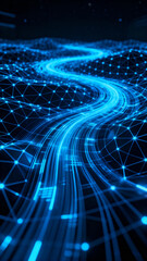 Glowing blue digital network in dark space, symbolizing AI, data flow, internet, and futuristic tech.Generated by AI