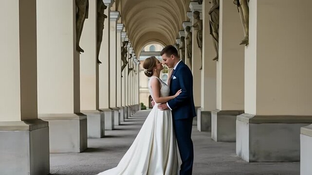 Bride and groom kissing in a beautiful architectural hallway with statues.