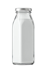 Clear glass milk bottle, full, with a metallic lid