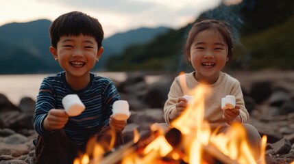 Joyful and carefree Asian children roasting marshmallows over a crackling bonfire in a serene mountain landscape capturing the essence of a delightful camping experience