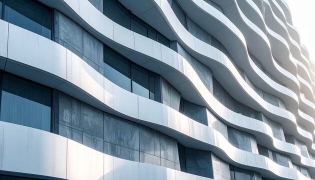 Abstract closeup of a modern architectural facade showcasing wavy patterns and smooth textures