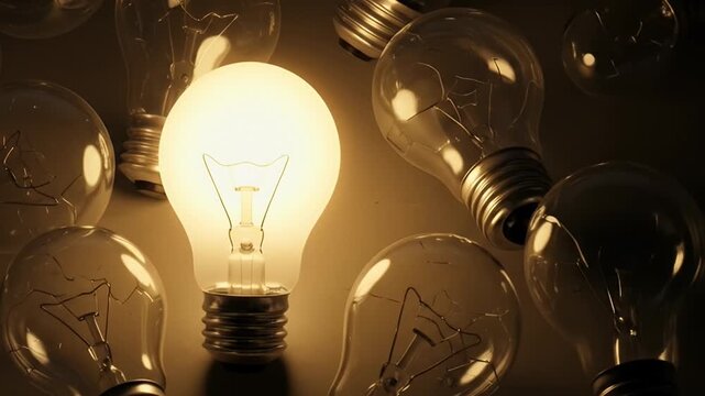 Bright Idea Light Bulb Illuminates Among Many Dim Bulbs.