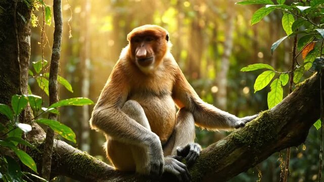proboscis monkey sitting tree branch jungle sunlight