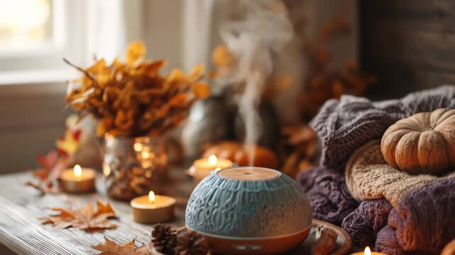Cozy fall scene. A steaming diffuser sits near lit candles, pumpkins, leaves and a woven blanket, creating a warm ambiance